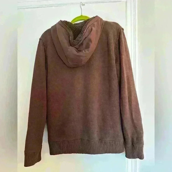 American Rag CEI Fleece Lined Cable Knit Brown Hooded Cardigan Zip Button close - Picture 8 of 15